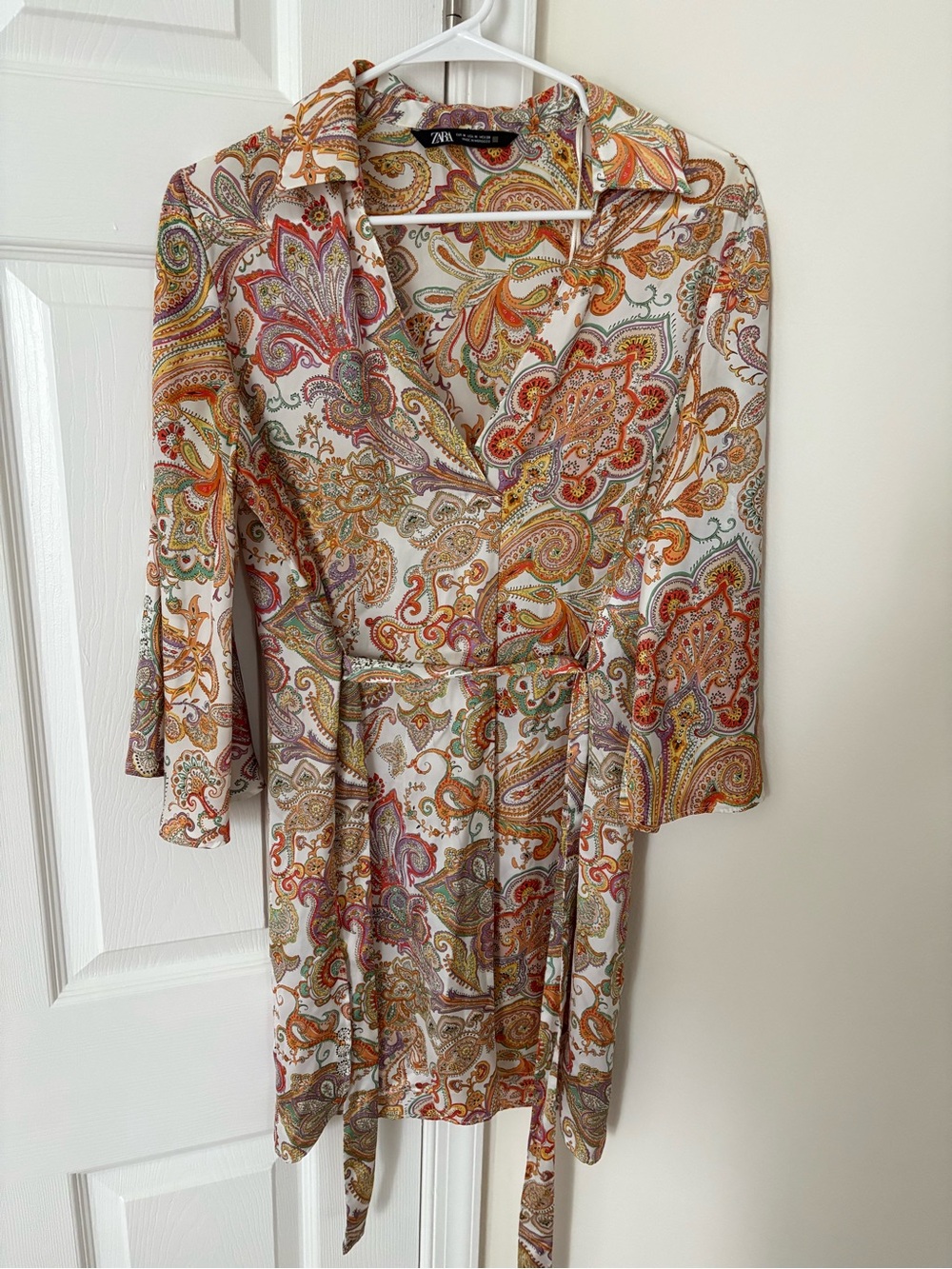 Zara Cream Paisley Wrap Dress with Orange and Green Accents